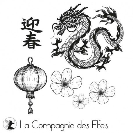 10 février nouvel an chinois Tampon-encreur-dragon-de-chine-lanterne-et-fleurs-de-printemps